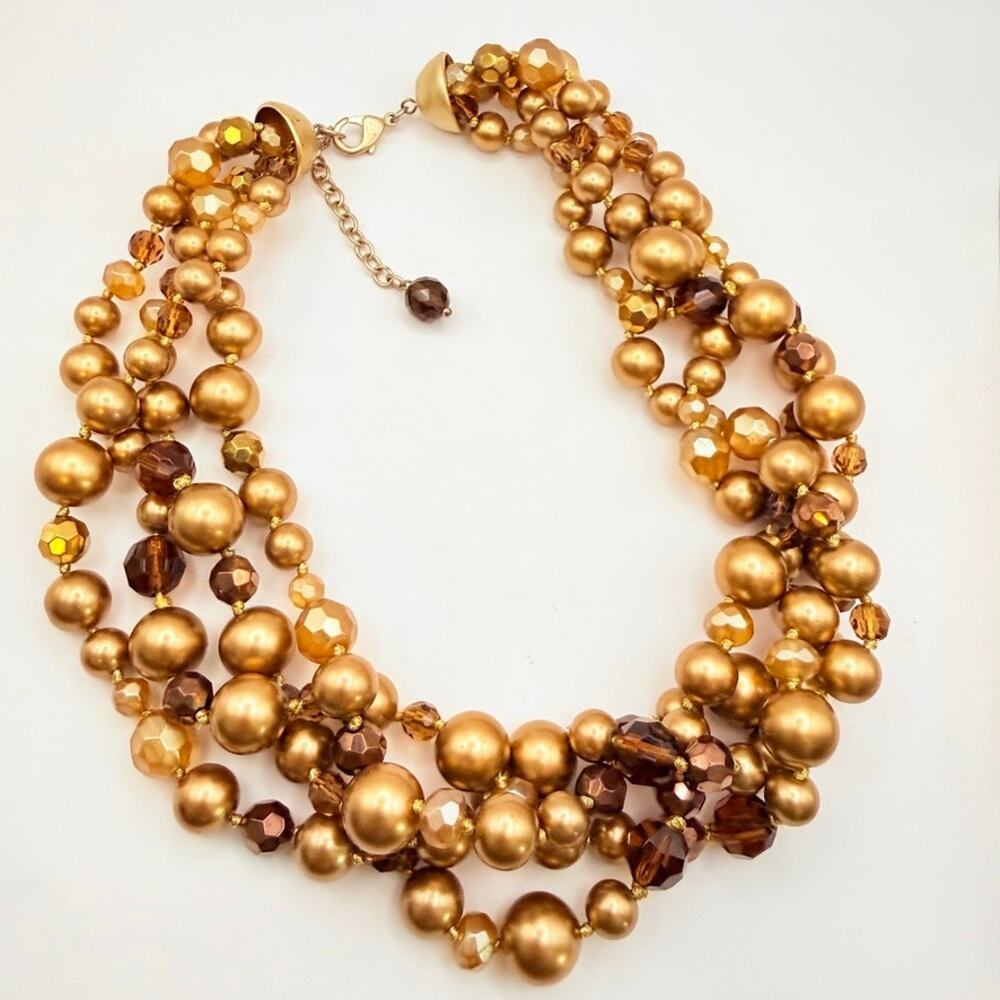 Vintage Gold Faux Pearl Crystal Beaded Multi Strand Twisted Choker Necklace 16"